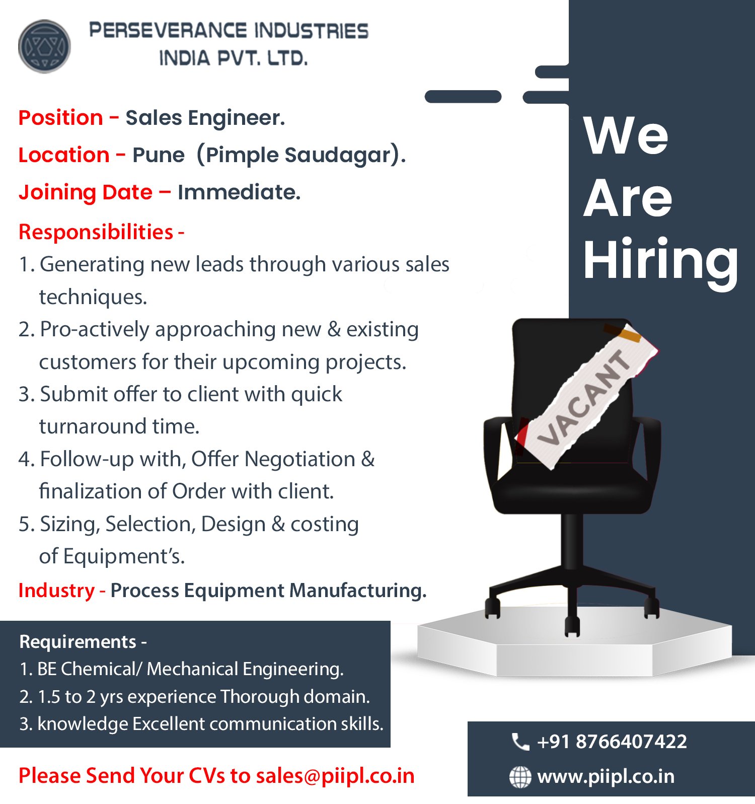 Sales Engineer career opportunity at Perseverance Industries